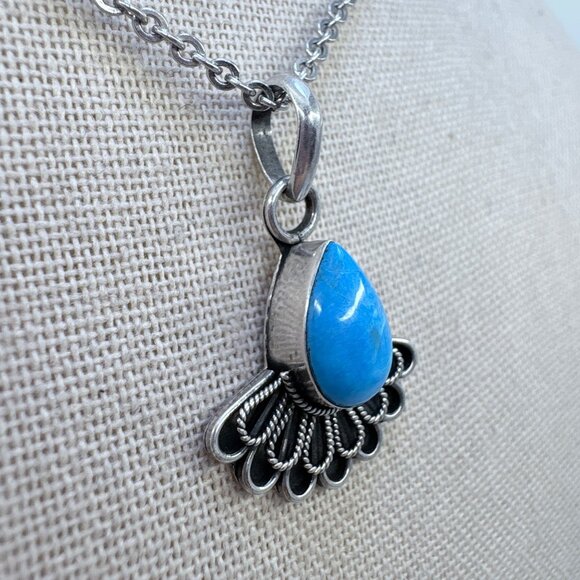 VTG Sterling Silver 925 Teardrop Turquoise Bezel Set Pendant Necklace 22" Length - Picture 3 of 13